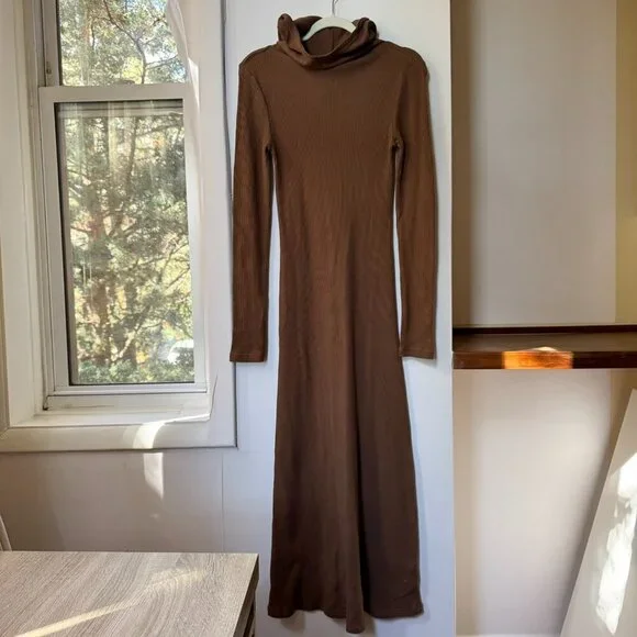 Free People Thermal Hooded Funnel Midi Dress Brown Small